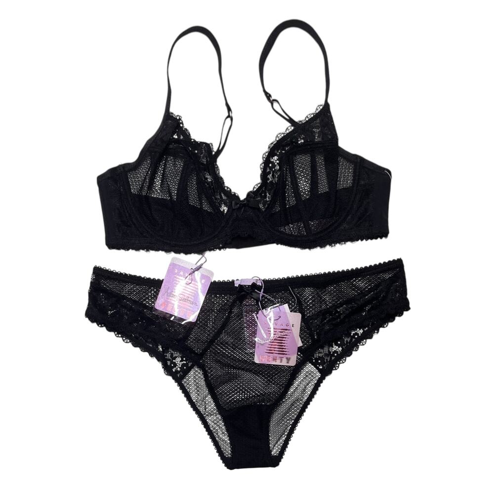 Savage X Fenty Lacy Not Racy Unlined Bra and Brazilian Panty Set Caviar Size 36C